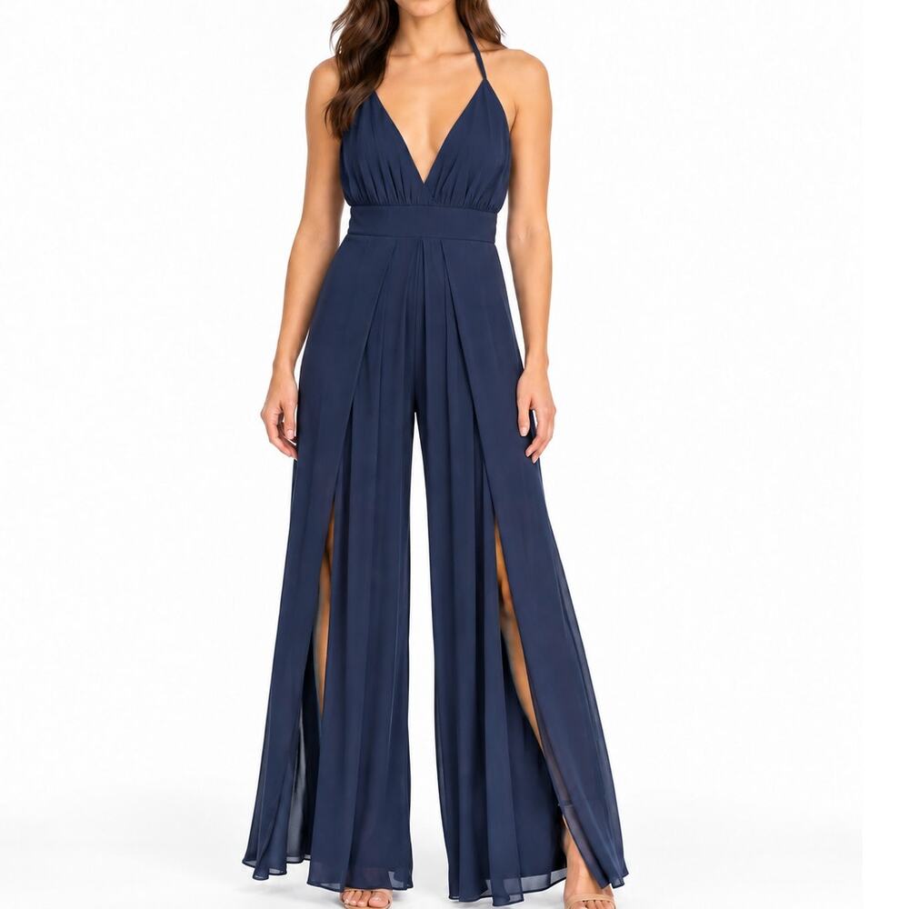 Shareen Collections NWT Navy Halter Split Leg Wide Leg Jumpsuit Size AU 8